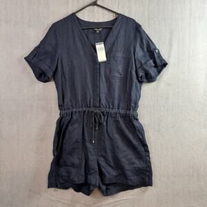 NWT Lauren Ralph Lauren 100% Linen Romper Drawstring Waist Shorts, Navy Blue, 6
